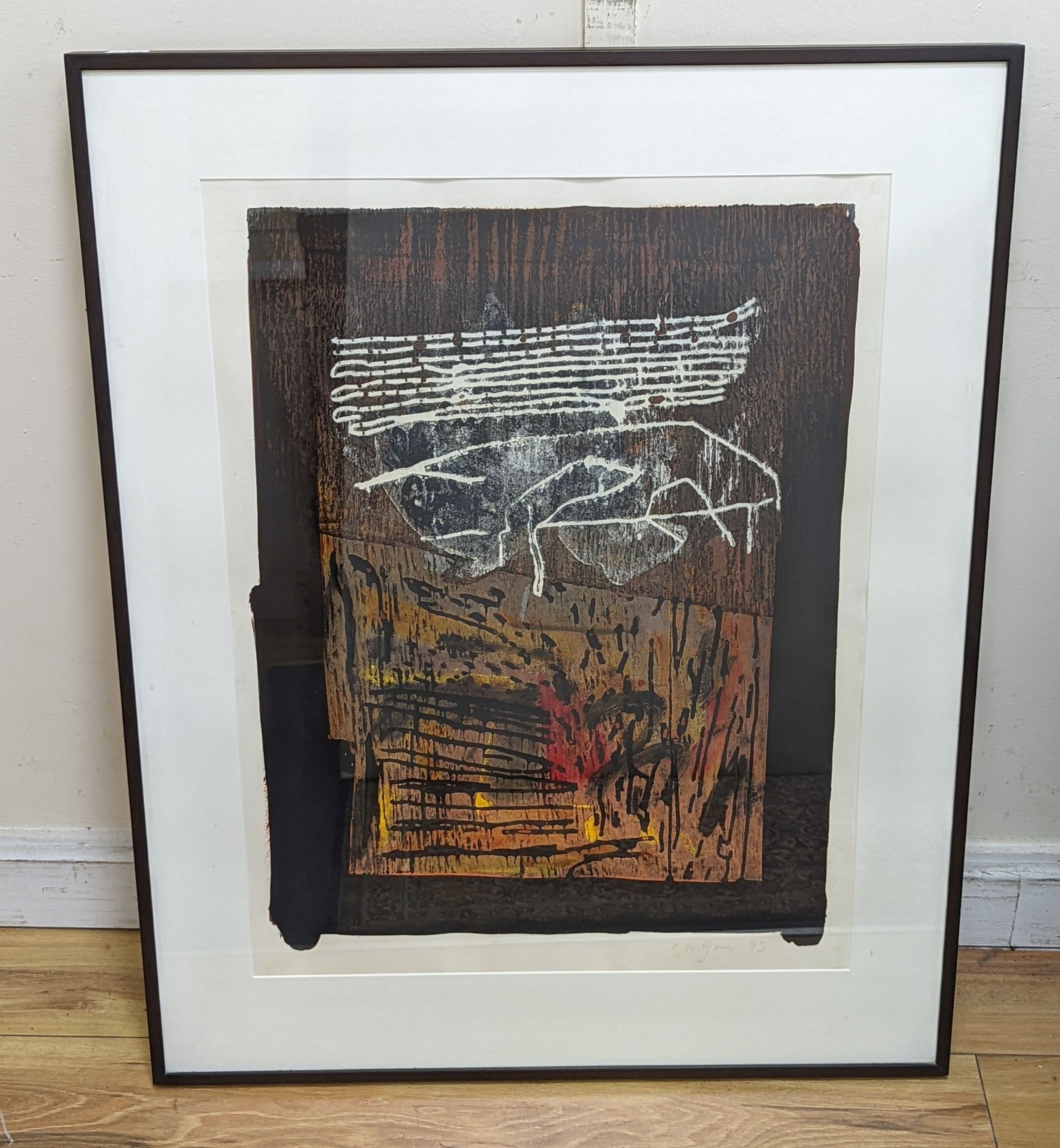 A limited edition abstract print, indistinctly signed and dated '93, 71 x 54cm.